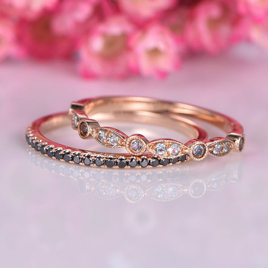 Bridal ring set black diamond wedding band pave half eternity ring art deco aquamarine matching band custom jewelry solid 14k rose gold