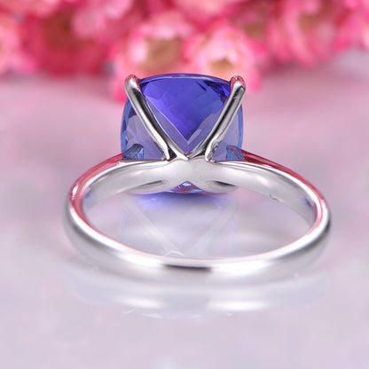 Tanzanite engagement ring 14k white plain gold band 8mm cushion cut natural tanzanite AAA color gemstone solitaire ring anniversary ring