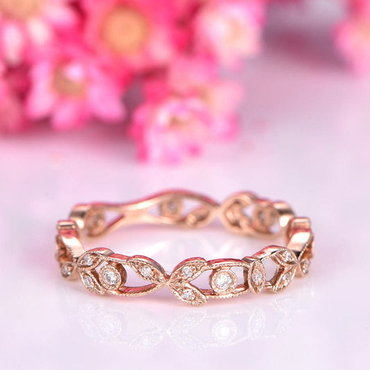 Floral diamond wedding band rose gold full eternity wedding ring infinity stacking matching band bridal ring anniversary Christmas gift