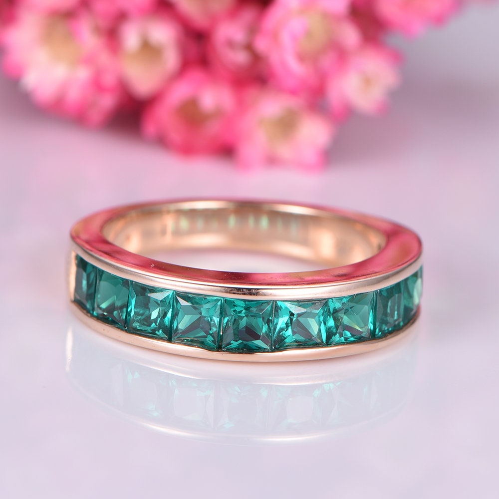 Emerald ring men wedding band 14k rose gold bridal ring princess cut emerald May birthstone pomise ring custom jewelry