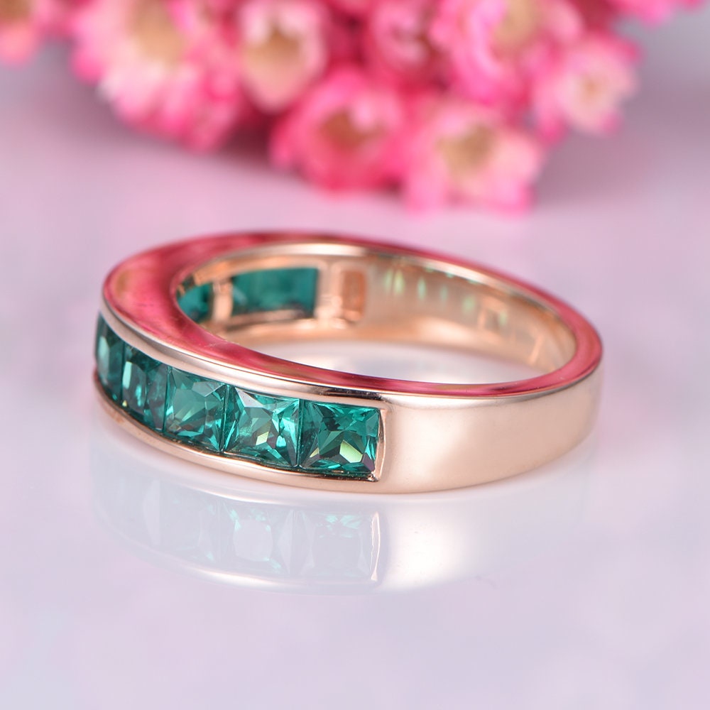 Emerald ring men wedding band 14k rose gold bridal ring princess cut emerald May birthstone pomise ring custom jewelry