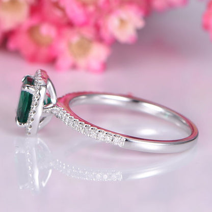 14K white Gold emerald engagement ring diamond promise ring half eternity band natural diamond lab emerald 6mm cushion cut stone