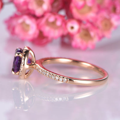 Amethyst engagement ring 14k rose gold 7mm round cut purple birthstone diamond wedding ring amethyst promise ring anniversary gift