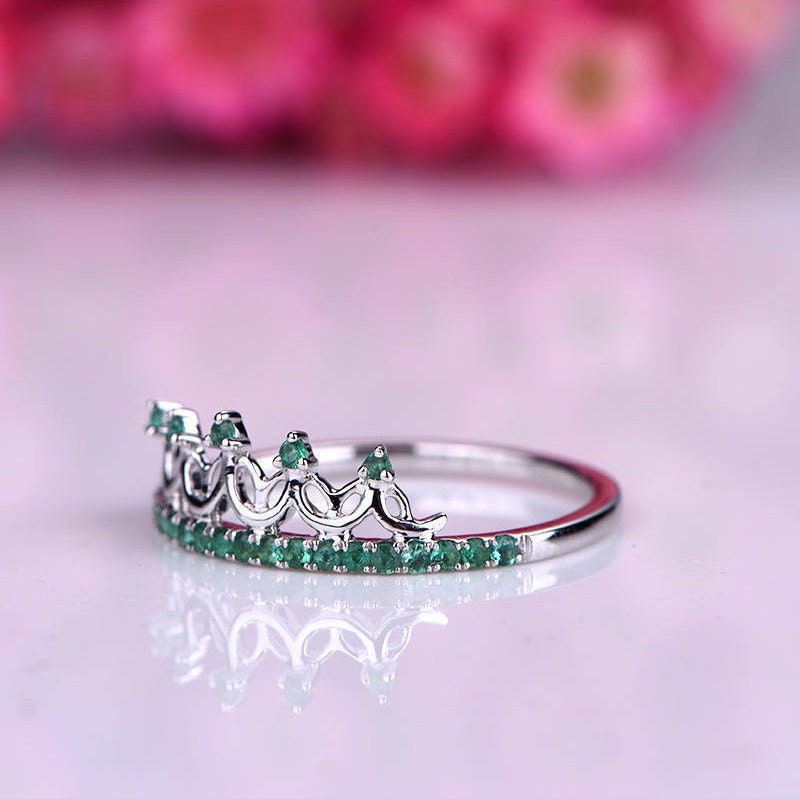 Emerald ring emerald wedding band crown ring 0.26ct natural birthstone engagement ring anniversary ring solid 14k white gold bridal ring