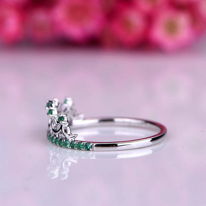 Emerald ring emerald wedding band crown ring 0.26ct natural birthstone engagement ring anniversary ring solid 14k white gold bridal ring