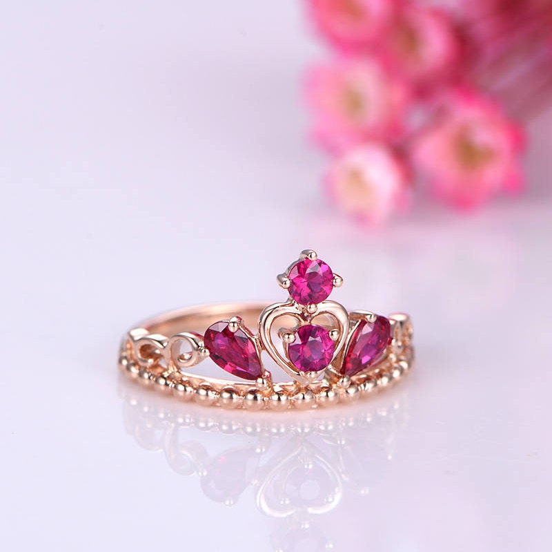 Ruby ring ruby wedding band crown ring half eternity ring natural pink gemstone plain gold band solid 14k rose gold anniversary ring