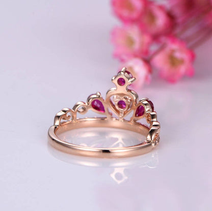 Ruby ring ruby wedding band crown ring half eternity ring natural pink gemstone plain gold band solid 14k rose gold anniversary ring