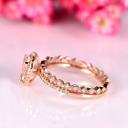 Morganite ring set morganite engagement ring 6x8mm pear cut natural stone full eternity diamond wedding band 14k rose gold stacking ring