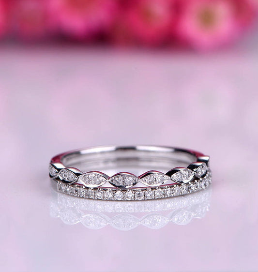 Diamond ring set diamond wedding band half eternity ring milgrain matching band stacking ring,14k white gold bridal ring petite ring