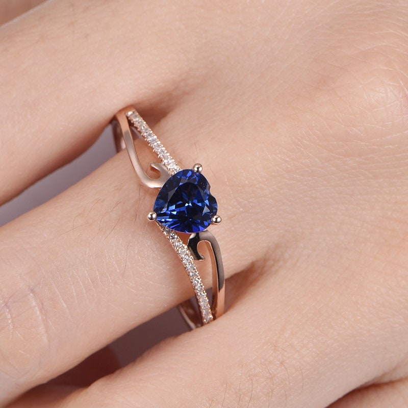 Heart shape sapphire engagement ring 6.5mm lab created blue sapphire diamond floral band solid 14k  bridal promise ring gift custom jewelry