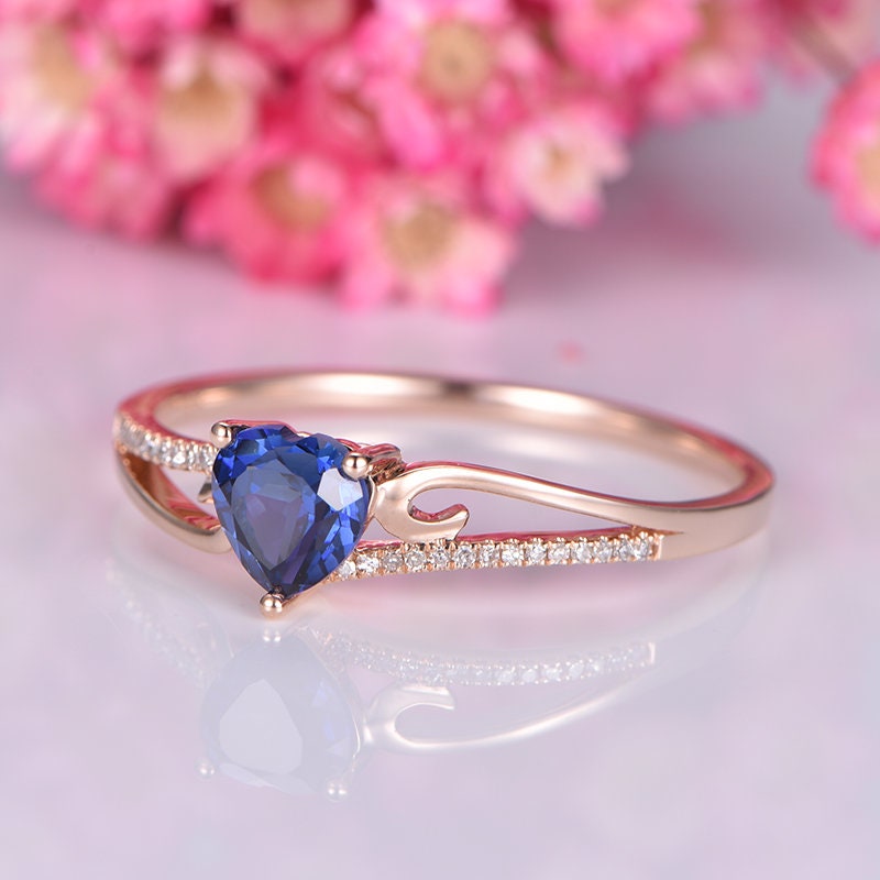 Heart shape sapphire engagement ring 6.5mm lab created blue sapphire diamond floral band solid 14k  bridal promise ring gift custom jewelry