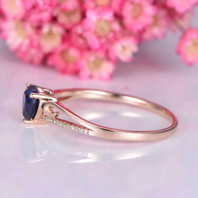 Heart shape sapphire engagement ring 6.5mm lab created blue sapphire diamond floral band solid 14k  bridal promise ring gift custom jewelry