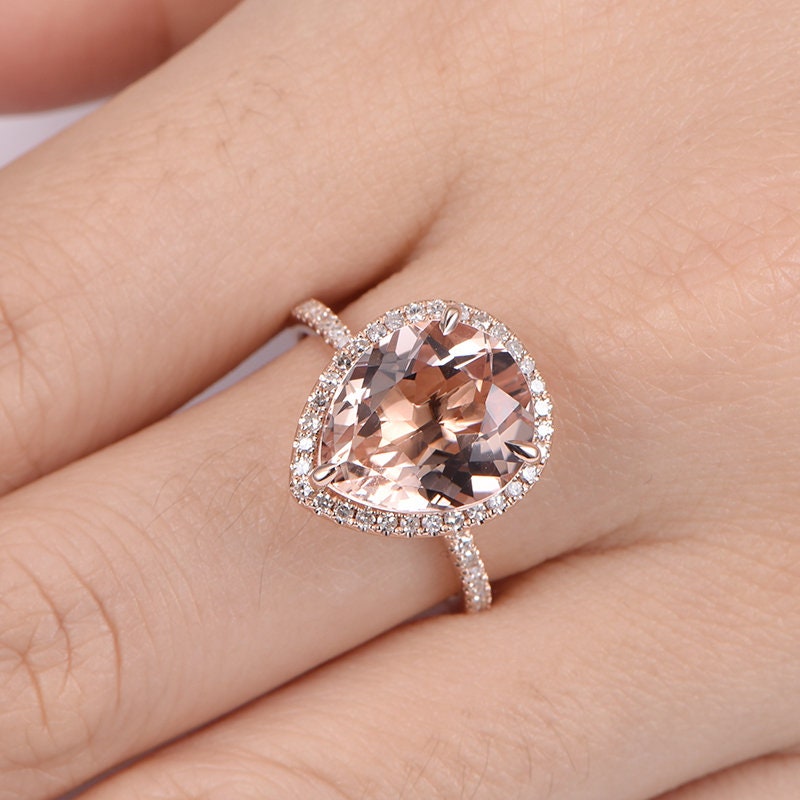 Big morganite engagement ring rose gold heart shape 10x12mm morganite natural diamond wedding band stacking style ring halo promise