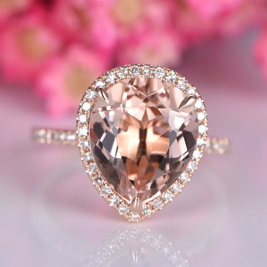 Big morganite engagement ring rose gold heart shape 10x12mm morganite natural diamond wedding band stacking style ring halo promise