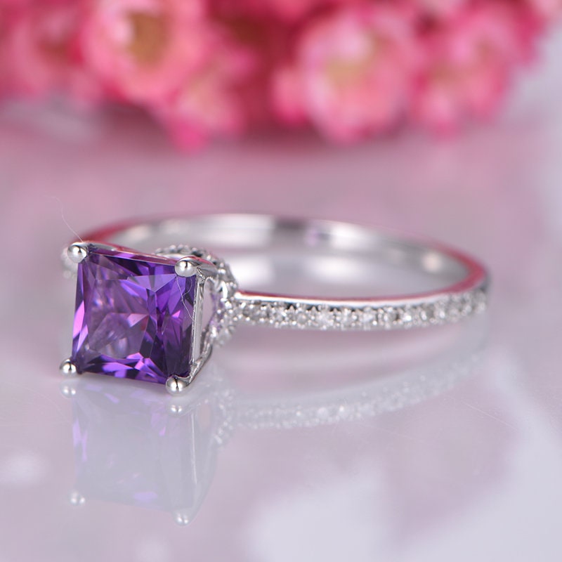 Princess cut amethyst engagement ring 14k white gold half eternity band 6mm IF main stone SI diamond solitaire promise ring Valentine's Day