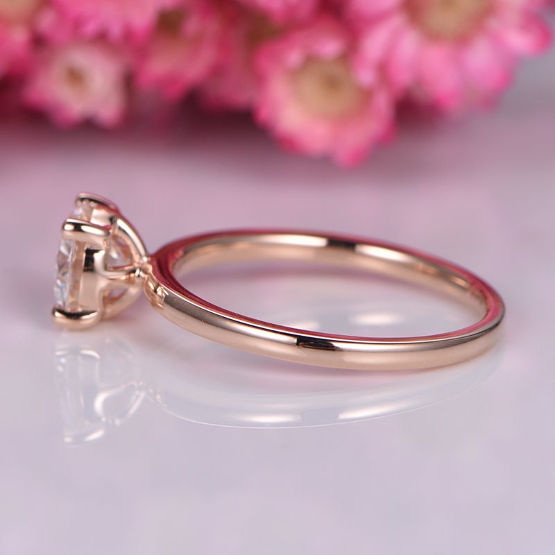 Moissanite engagement ring 14k rose gold plain gold wedding band solitaire ring 6.5mm round cut Charles & Colvard moissanite ball prongs