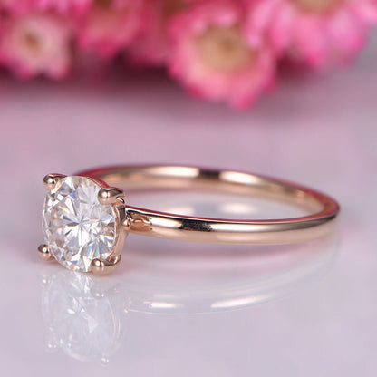 Moissanite engagement ring 14k rose gold plain gold wedding band solitaire ring 6.5mm round cut Charles & Colvard moissanite ball prongs
