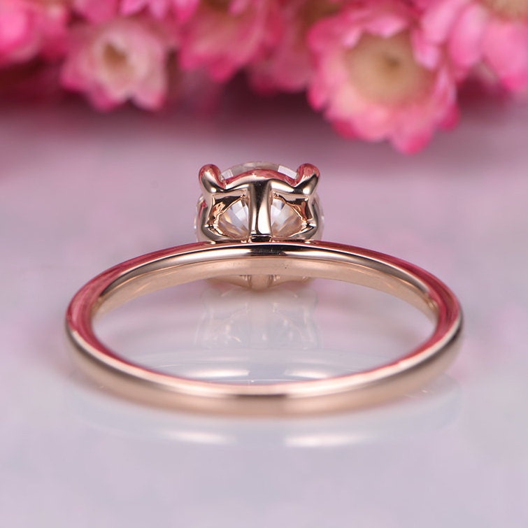 Moissanite engagement ring 14k rose gold plain gold wedding band solitaire ring 6.5mm round cut Charles & Colvard moissanite ball prongs