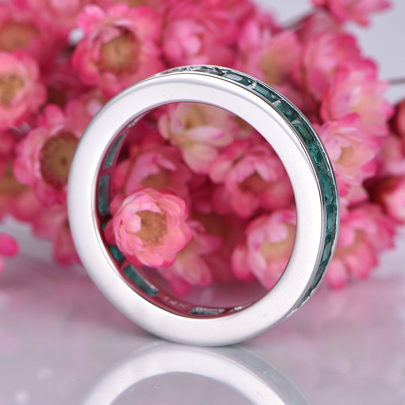 Lab-created emerald wedding ring male ring 14k white gold full eternity band bezel 2ct princess cut stone custom ring for him May birthstone