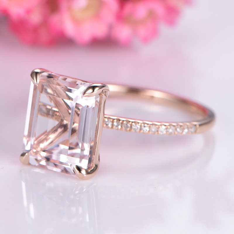 Light pink morganite engagement ring 14k rose gold diamond solitaire ring 9x11mm emerald cut natural VS stone bridal ring prongs set