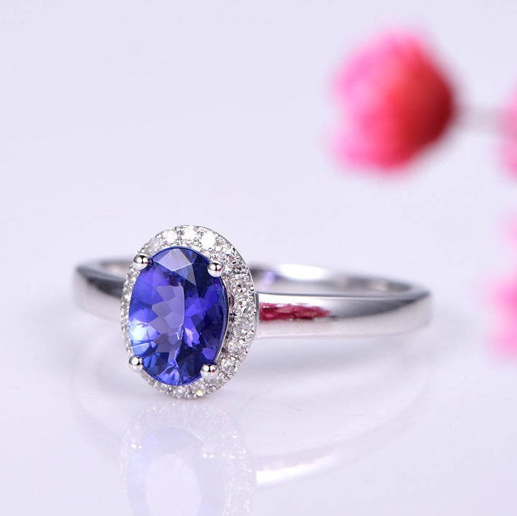 Tanzanite Ring 6x8mm oval cut tanzanite engagement ring diamond ring diamond halo plain gold band solid 14k white gold ring custom jewelry