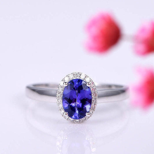 Tanzanite Ring 6x8mm oval cut tanzanite engagement ring diamond ring diamond halo plain gold band solid 14k white gold ring custom jewelry