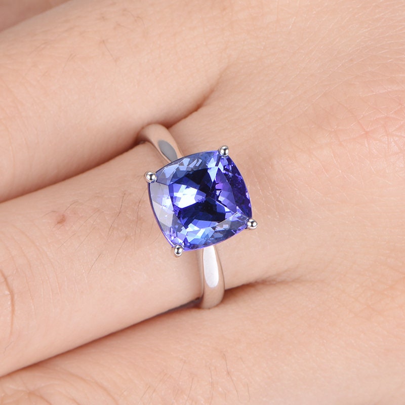 Tanzanite engagement ring 14k white plain gold band 8mm cushion cut natural tanzanite AAA color gemstone solitaire ring anniversary ring