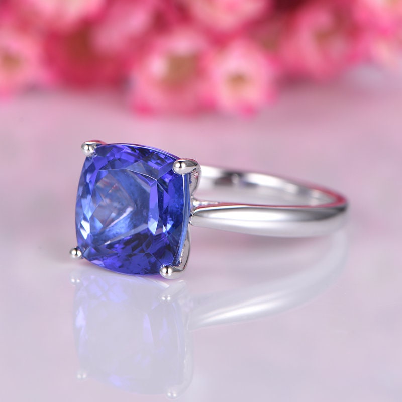 Tanzanite engagement ring 14k white plain gold band 8mm cushion cut natural tanzanite AAA color gemstone solitaire ring anniversary ring