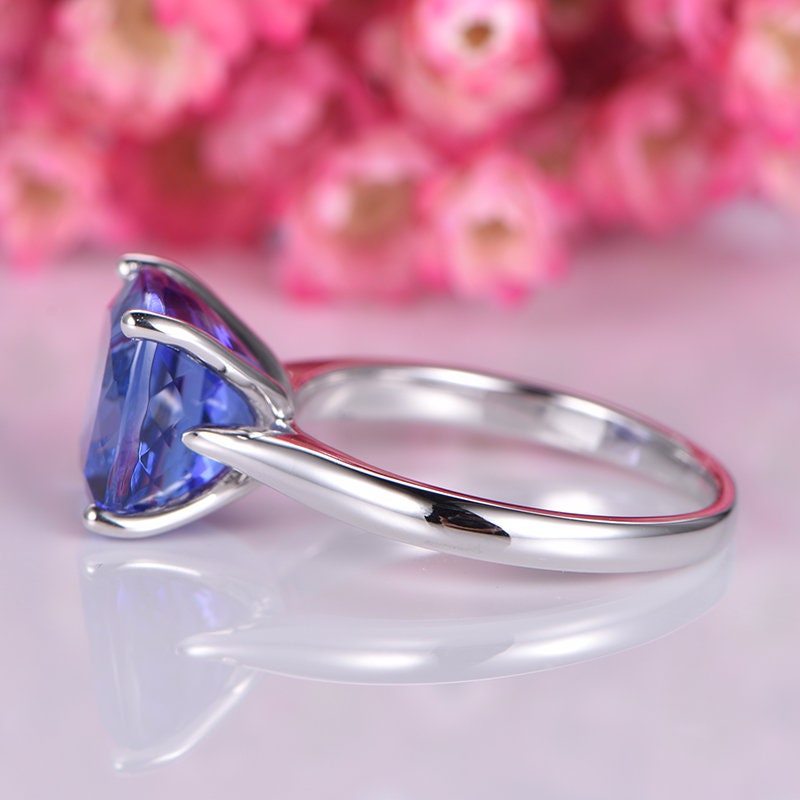 Tanzanite engagement ring 14k white plain gold band 8mm cushion cut natural tanzanite AAA color gemstone solitaire ring anniversary ring