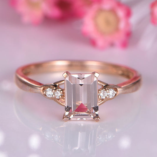 Morganite engagement ring rose gold natural diamond wedding ring 5x7mm emerald cut VS clarity pink stone 14k gold jewelry customized gift