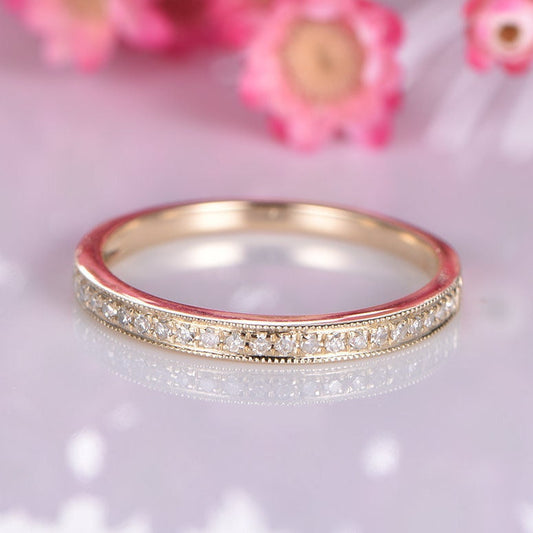 14k yellow gold diamond wedding band half eternity stacking matching band milgrain style pave set natural diamond anniversary ring