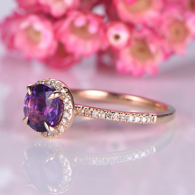 Amethyst engagement ring 14k rose gold 7mm round cut purple birthstone diamond wedding ring amethyst promise ring anniversary gift