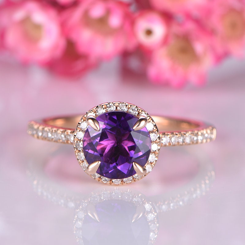 Amethyst engagement ring 14k rose gold 7mm round cut purple birthstone diamond wedding ring amethyst promise ring anniversary gift