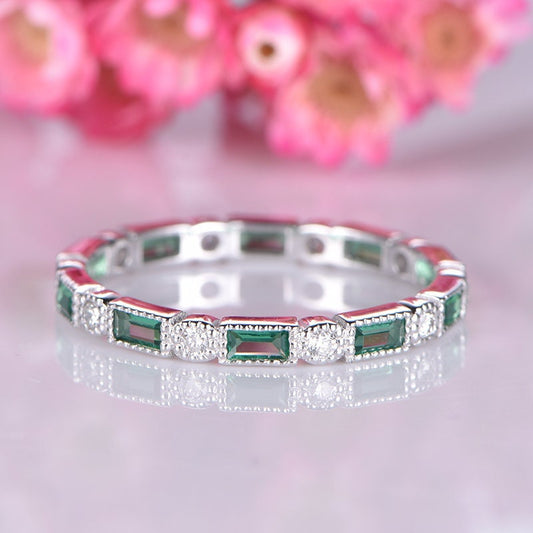 Full eternity emerald diamond wedding band lab created baguette cut emerald natural round cut diamond ring promise matching band