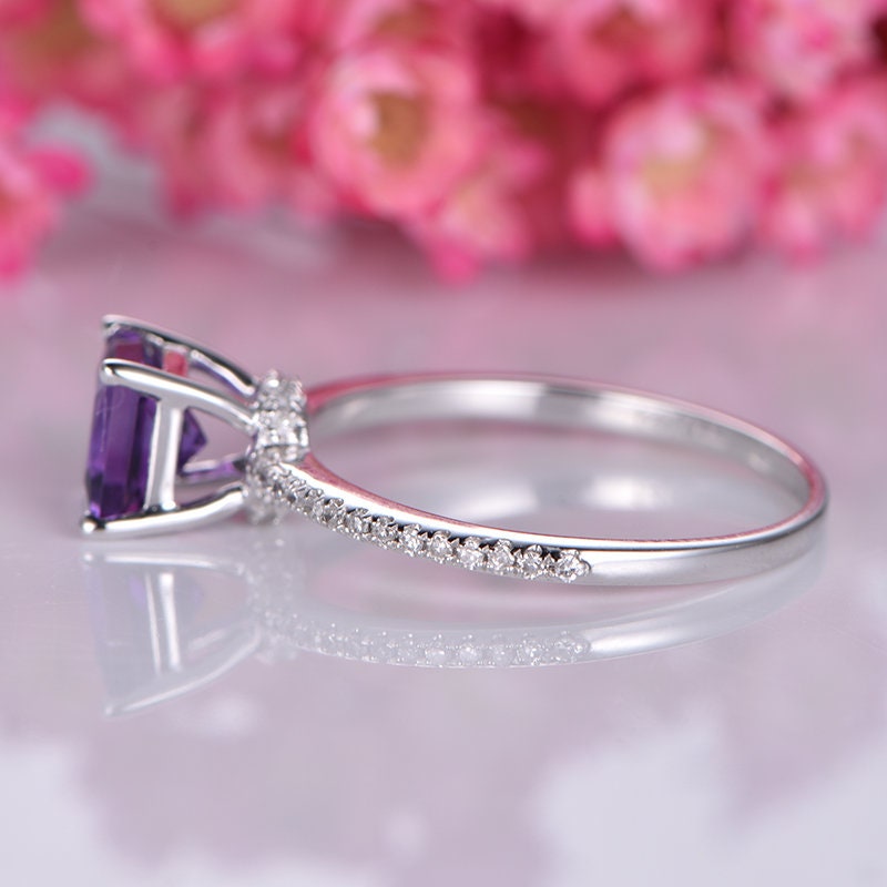 Princess cut amethyst engagement ring 14k white gold half eternity band 6mm IF main stone SI diamond solitaire promise ring Valentine's Day