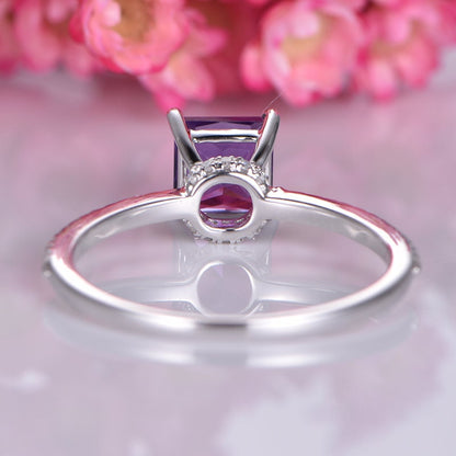 Princess cut amethyst engagement ring 14k white gold half eternity band 6mm IF main stone SI diamond solitaire promise ring Valentine's Day