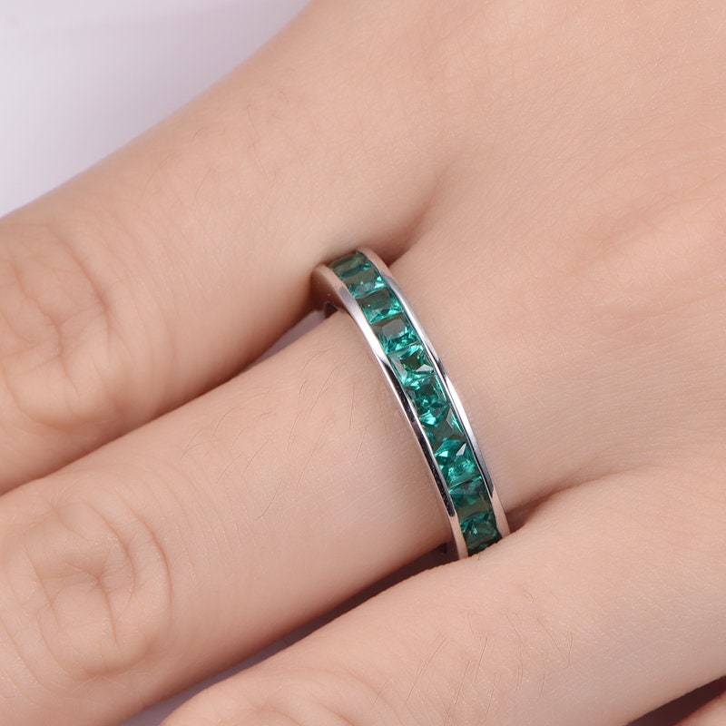 Lab-created emerald wedding ring male ring 14k white gold full eternity band bezel 2ct princess cut stone custom ring for him May birthstone