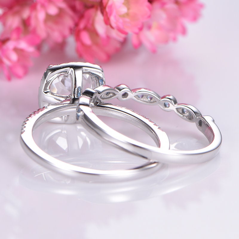 Bridal ring set white topaz engagement ring 7mm cushion cut stone solid 14k white gold blue topaz wedding band diamond accents