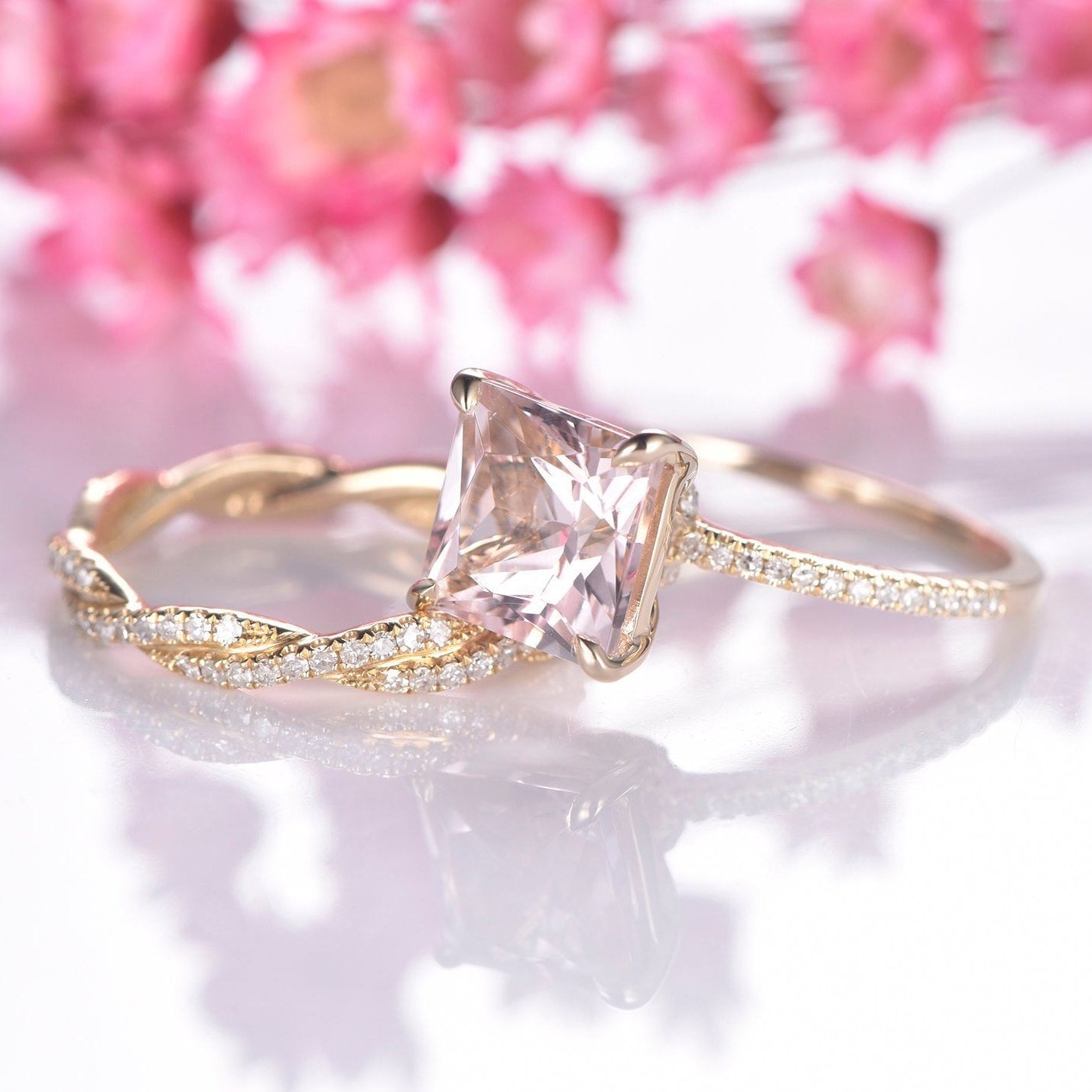 Morganite engagement ring set 8mm princess cut morganite bridal ring full eternity diamond matching band 14k yellow gold wedding ring set