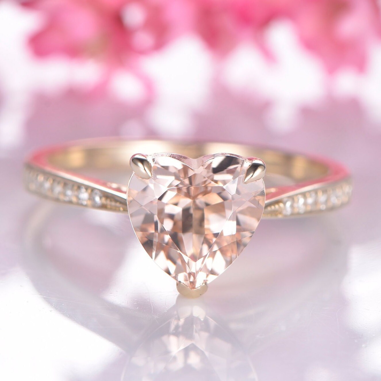 Heart shape morganite engagement ring 14k yellow gold 8mm natural pink morganite bridal ring diamond band channel setting custom ring