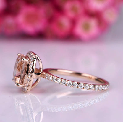 Morganite engagement ring cushion morganite ring 9mm pink gemstone diamond wedding band petite band solid 14k rose gold wedding ring