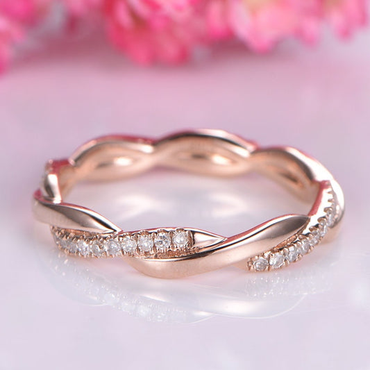 Diamond wedding band 14k rose gold twist diamond matching wedding ring natural SI stone stacking bridal ring custom jewelry