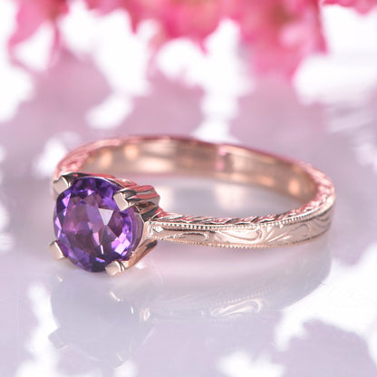 Amethyst engagement ring 14k rose gold filigree wedding band 6.5mm round cut IF natural birthstone plain gold band promise ring