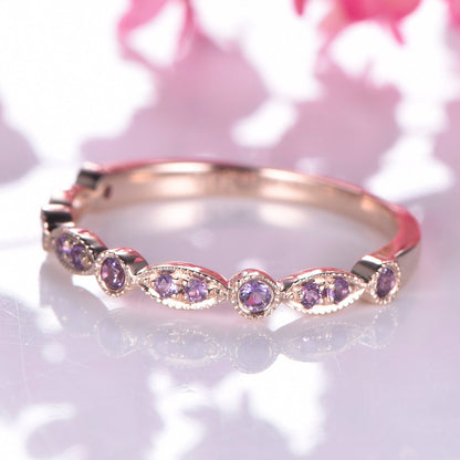 Amethyst ring art deco half eternity amethyst wedding band milgrain style ring 14k rose gold matching band natural gemstone IF color