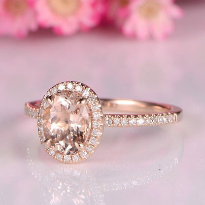 Morganite engagement ring 6x8mm oval cut clarity VS morganite ring 14k rose gold diamond wedding band halo ring promise bridal ring