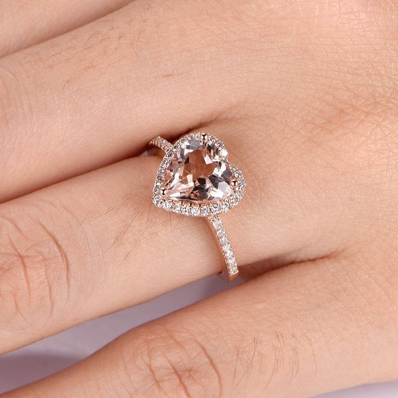 Morganite engagement ring pink morganite ring 8mm heart shape natural gemstone ring diamond ring diamond wedding band solid 14k rose gold