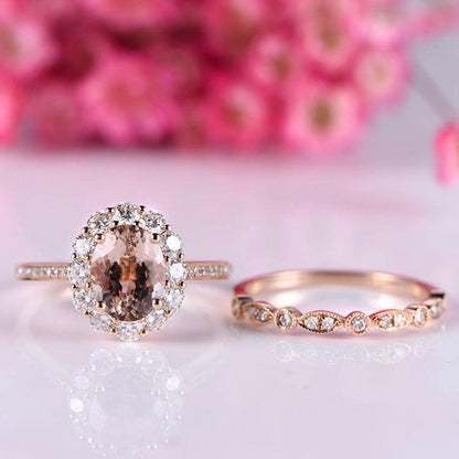 Morganite ring set morganite engagement ring milgrain half eternity diamond wedding band 7x9mm gemstone moissanite halo solid 14K rose gold