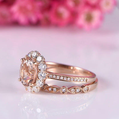 Morganite ring set morganite engagement ring milgrain half eternity diamond wedding band 7x9mm gemstone moissanite halo solid 14K rose gold