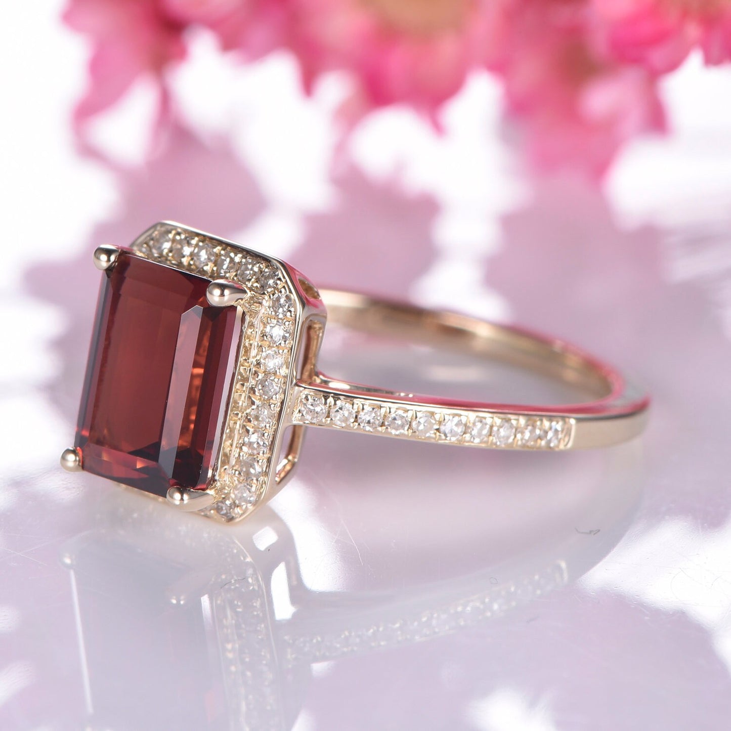 Garnet engagement ring 14k yellow gold 6x8mm emerald cut natural birthstone diamond halo promise ring diamond wedding band vintage style