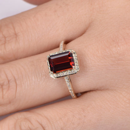 Garnet engagement ring 14k yellow gold 6x8mm emerald cut natural birthstone diamond halo promise ring diamond wedding band vintage style